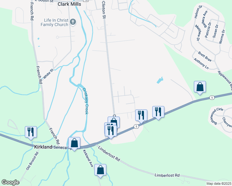 map of restaurants, bars, coffee shops, grocery stores, and more near 101 Pheasants Run in Clark Mills