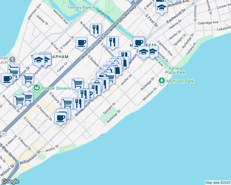 map of restaurants, bars, coffee shops, grocery stores, and more near 1237 Jenifer Street in Madison