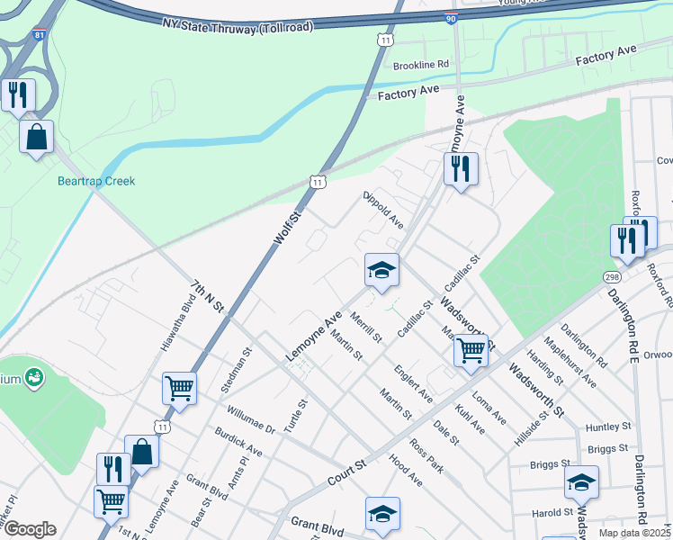 map of restaurants, bars, coffee shops, grocery stores, and more near 222 Merrill Street in Syracuse