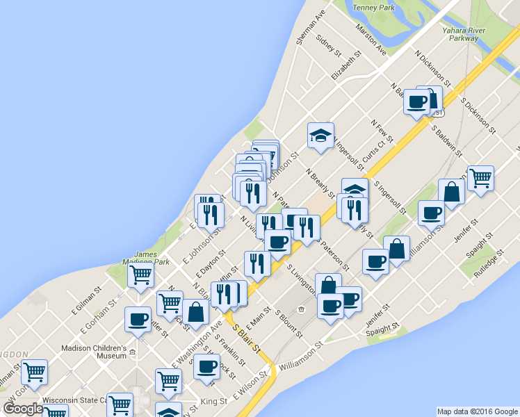 map of restaurants, bars, coffee shops, grocery stores, and more near 824 East Dayton Street in Madison