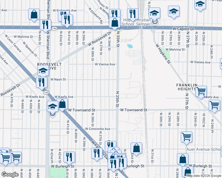 map of restaurants, bars, coffee shops, grocery stores, and more near 3529 North 36th Street in Milwaukee