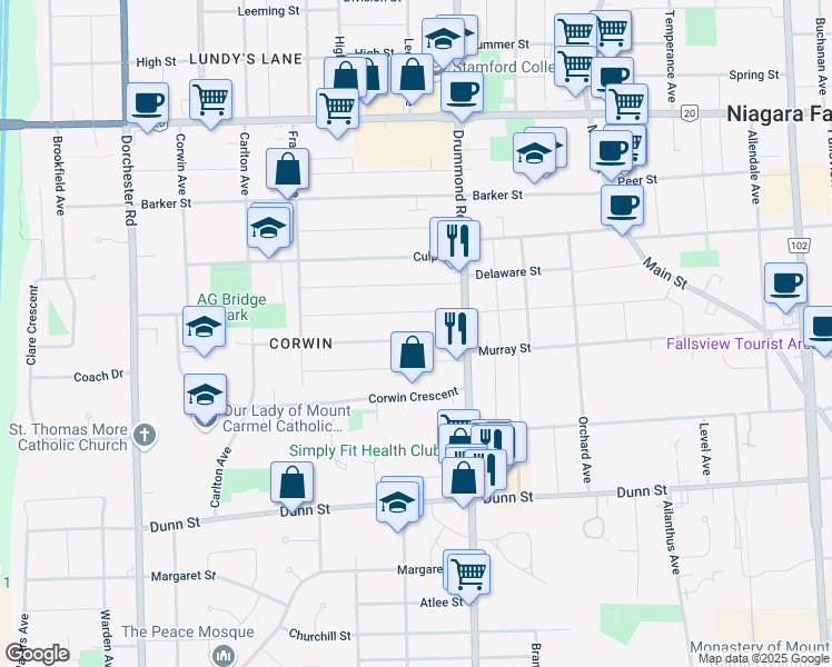 map of restaurants, bars, coffee shops, grocery stores, and more near 6311 Ash Street in Niagara Falls