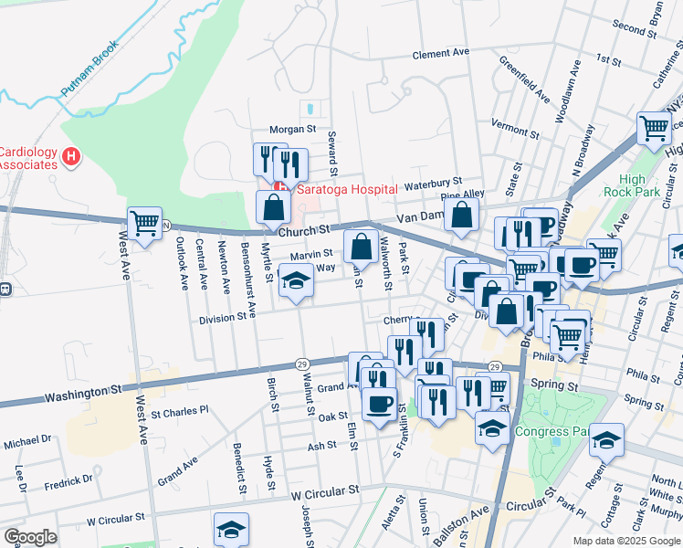 map of restaurants, bars, coffee shops, grocery stores, and more near 17 Andrews Street in Saratoga Springs
