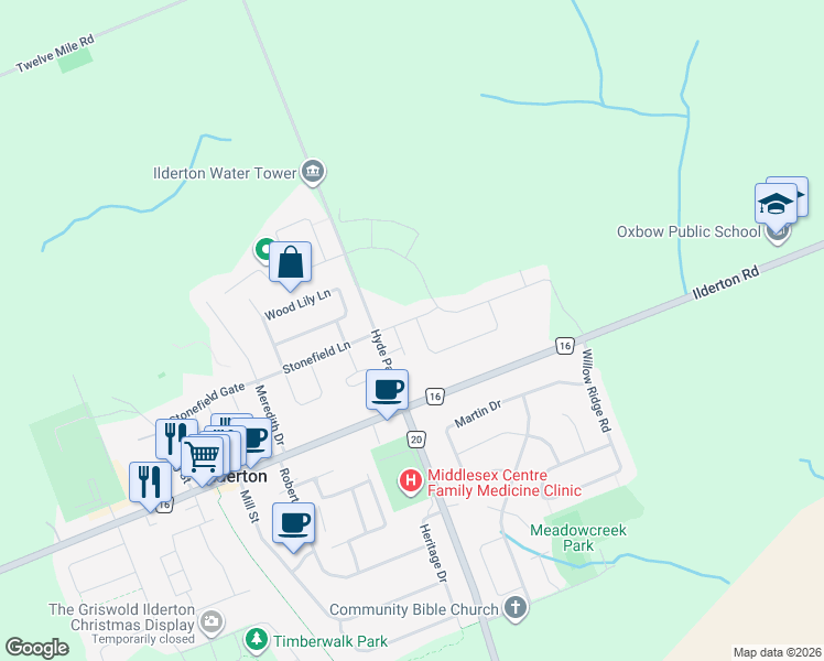 map of restaurants, bars, coffee shops, grocery stores, and more near 22700 Hyde Park Road in Ilderton