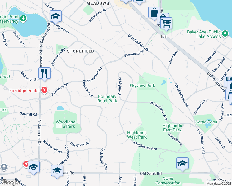 map of restaurants, bars, coffee shops, grocery stores, and more near 1410 West Skyline Drive in Madison