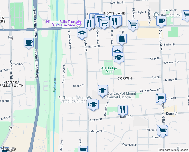 map of restaurants, bars, coffee shops, grocery stores, and more near 6852 Corwin Crescent in Niagara Falls