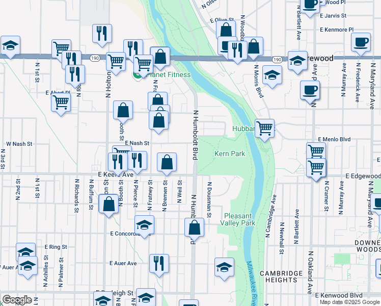 map of restaurants, bars, coffee shops, grocery stores, and more near 3541 North Humboldt Boulevard in Milwaukee