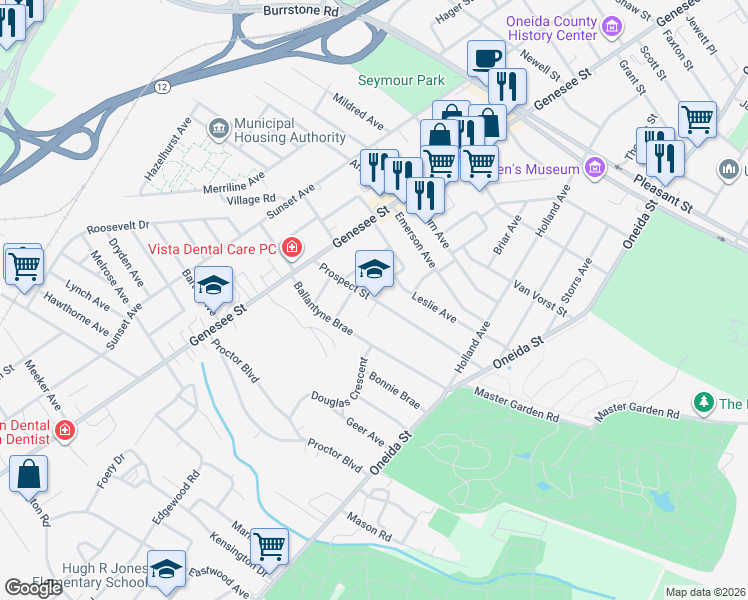 map of restaurants, bars, coffee shops, grocery stores, and more near 24 Prospect Street in Utica