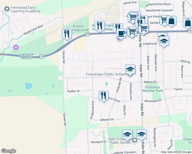 map of restaurants, bars, coffee shops, grocery stores, and more near 8755 Forestview Boulevard in Niagara Falls