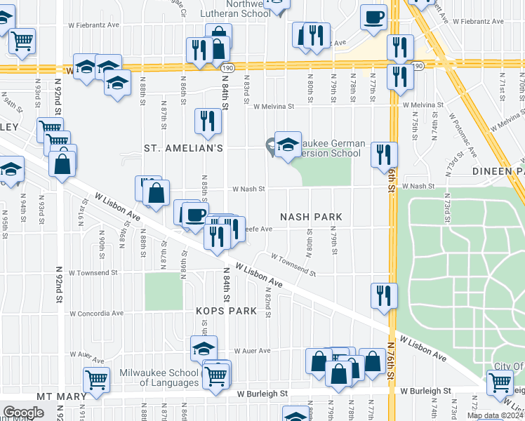 map of restaurants, bars, coffee shops, grocery stores, and more near 3537 North 82nd Street in Milwaukee