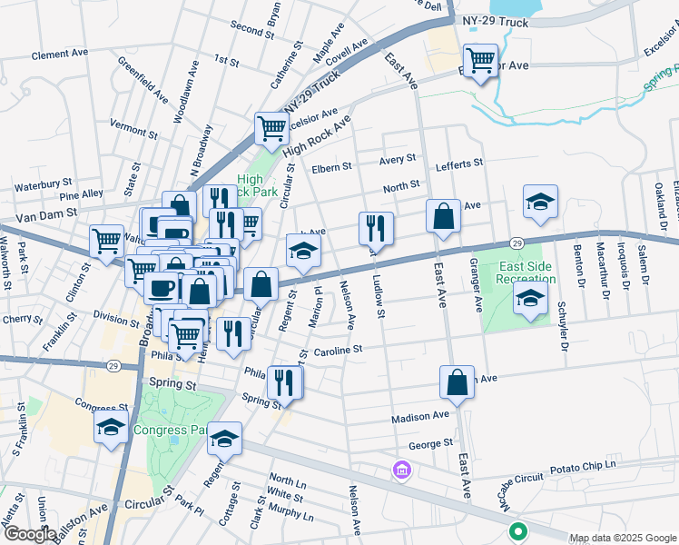 map of restaurants, bars, coffee shops, grocery stores, and more near Lake Avenue & Nelson Avenue in Saratoga Springs