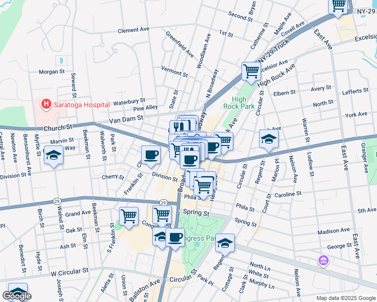 map of restaurants, bars, coffee shops, grocery stores, and more near in Saratoga Springs