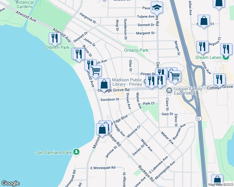 map of restaurants, bars, coffee shops, grocery stores, and more near 219 Cottage Grove Road in Madison