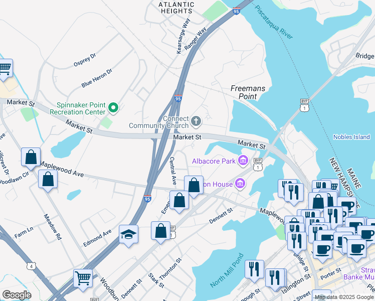 map of restaurants, bars, coffee shops, grocery stores, and more near 165 Cutts Street in Portsmouth