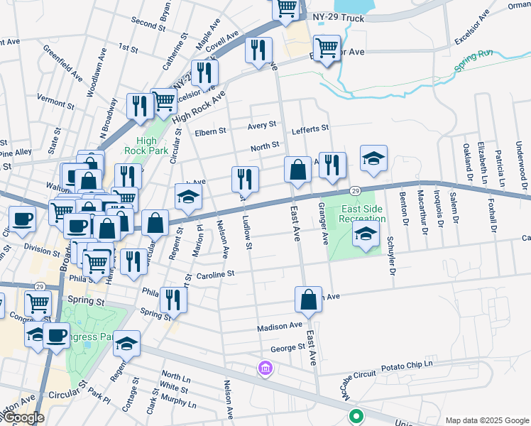 map of restaurants, bars, coffee shops, grocery stores, and more near 15A Jumel Place in Saratoga Springs