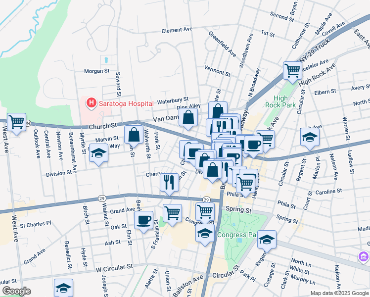 map of restaurants, bars, coffee shops, grocery stores, and more near 14 Thomas Street in Saratoga Springs