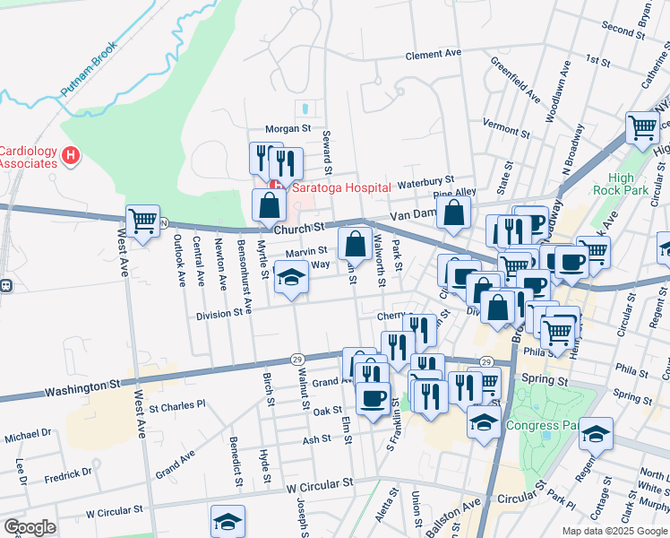 map of restaurants, bars, coffee shops, grocery stores, and more near 183 Beekman Street in Saratoga Springs