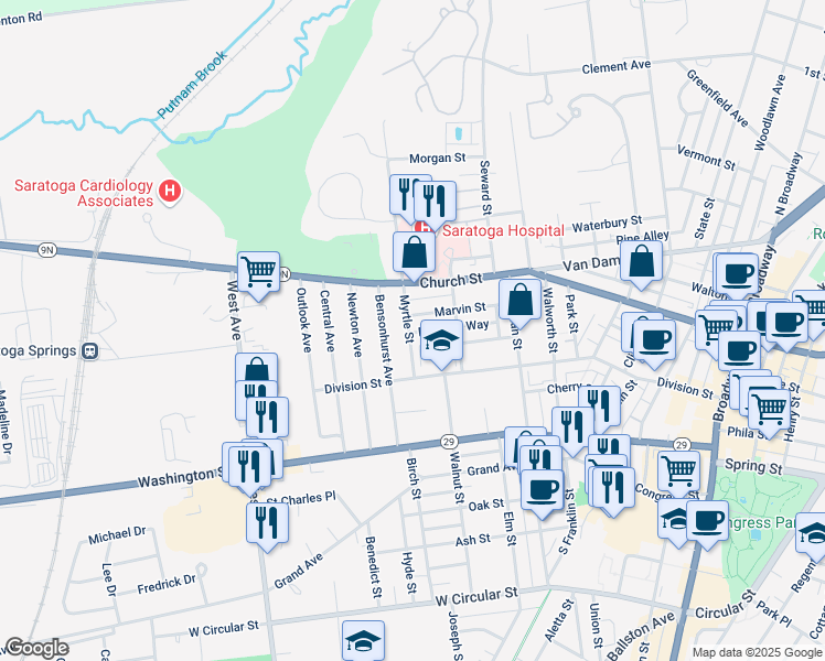 map of restaurants, bars, coffee shops, grocery stores, and more near 29 North Van Rensselaer Street in Saratoga Springs