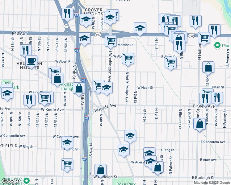 map of restaurants, bars, coffee shops, grocery stores, and more near 3541 North 5th Street in Milwaukee