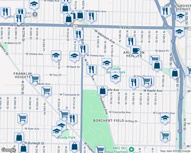 map of restaurants, bars, coffee shops, grocery stores, and more near 3556 North 19th Street in Milwaukee