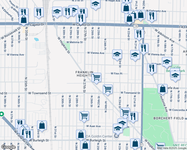 map of restaurants, bars, coffee shops, grocery stores, and more near 3521 North 25th Street in Milwaukee