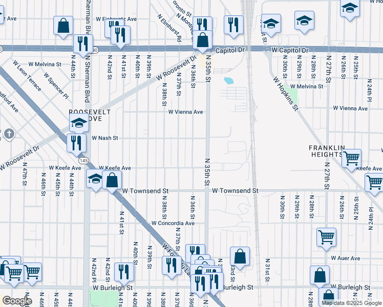 map of restaurants, bars, coffee shops, grocery stores, and more near 3529 North 36th Street in Milwaukee