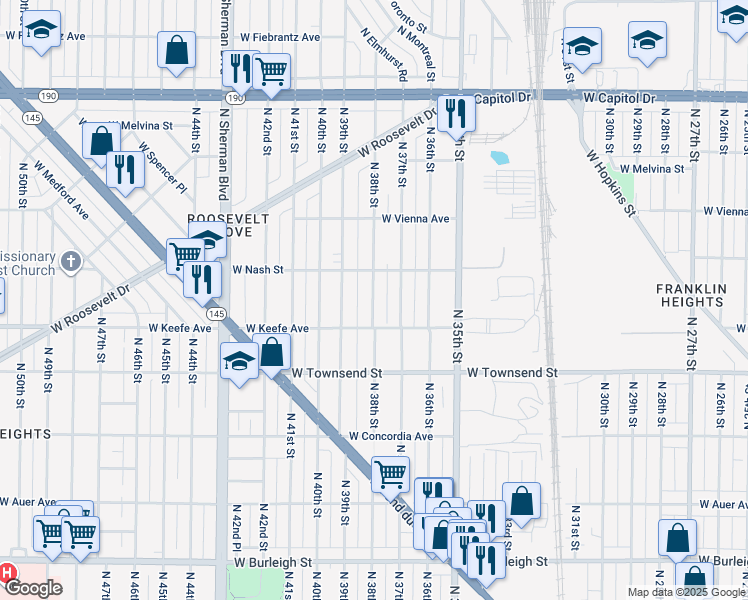 map of restaurants, bars, coffee shops, grocery stores, and more near 3519 North 38th Street in Milwaukee