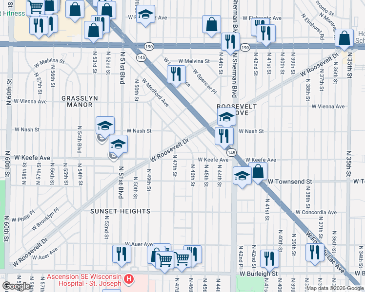 map of restaurants, bars, coffee shops, grocery stores, and more near 4634 West Keefe Avenue in Milwaukee