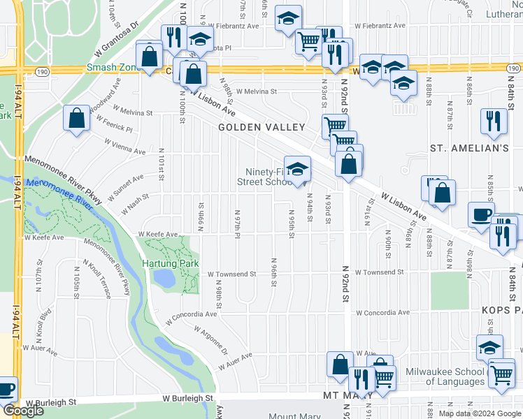map of restaurants, bars, coffee shops, grocery stores, and more near 3523 North 97th Street in Milwaukee