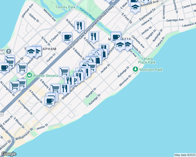 map of restaurants, bars, coffee shops, grocery stores, and more near 1223 Jenifer Street in Madison