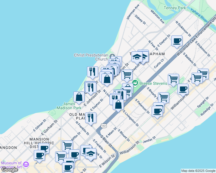 map of restaurants, bars, coffee shops, grocery stores, and more near 215 North Livingston Street in Madison