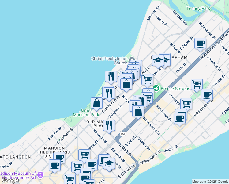 map of restaurants, bars, coffee shops, grocery stores, and more near 736 East Johnson Street in Madison