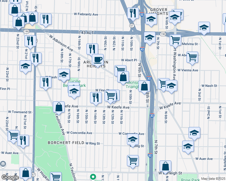map of restaurants, bars, coffee shops, grocery stores, and more near N 12th St & W Finn Pl in Milwaukee