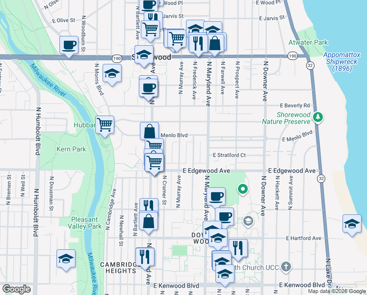map of restaurants, bars, coffee shops, grocery stores, and more near 3515 North Frederick Avenue in Shorewood