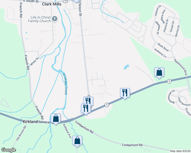map of restaurants, bars, coffee shops, grocery stores, and more near 105 Pheasants Run in Clinton