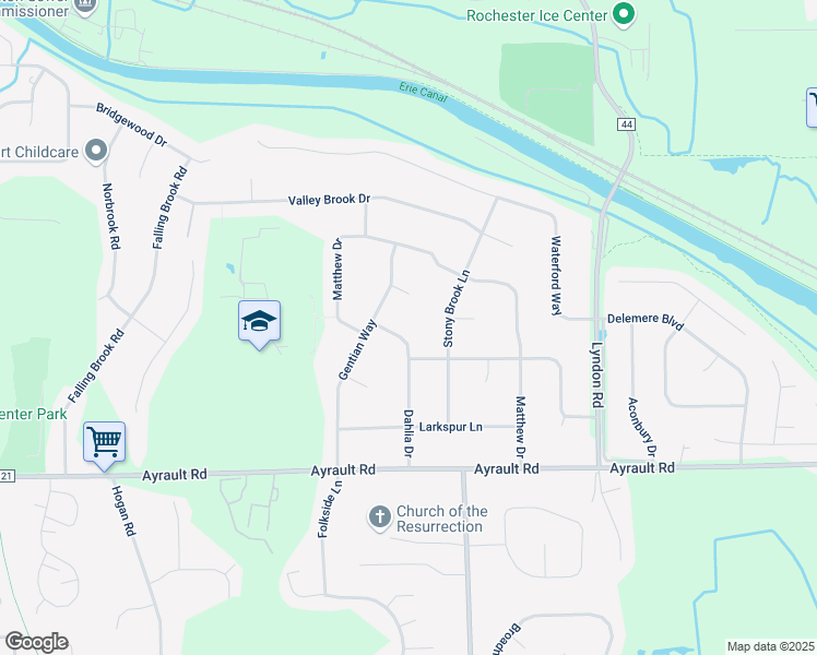 map of restaurants, bars, coffee shops, grocery stores, and more near 54 Rolling Hill Drive in Fairport