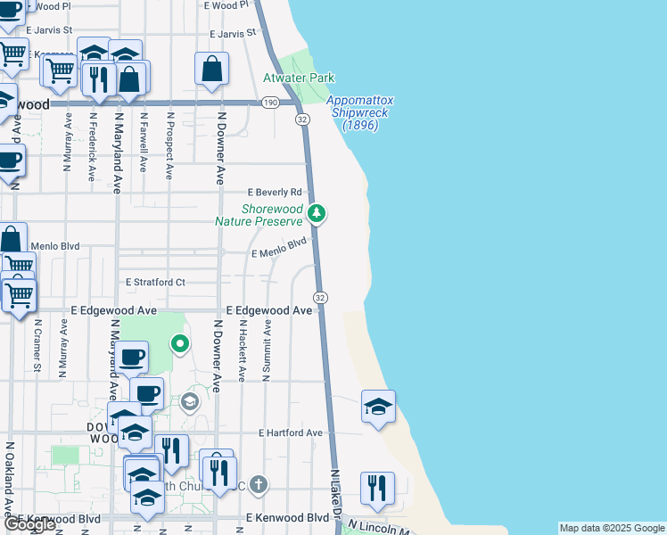 map of restaurants, bars, coffee shops, grocery stores, and more near 3534 North Lake Drive in Shorewood