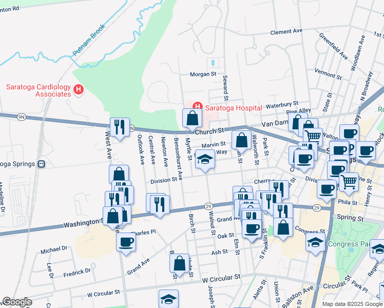 map of restaurants, bars, coffee shops, grocery stores, and more near 29 North Van Rensselaer Street in Saratoga Springs