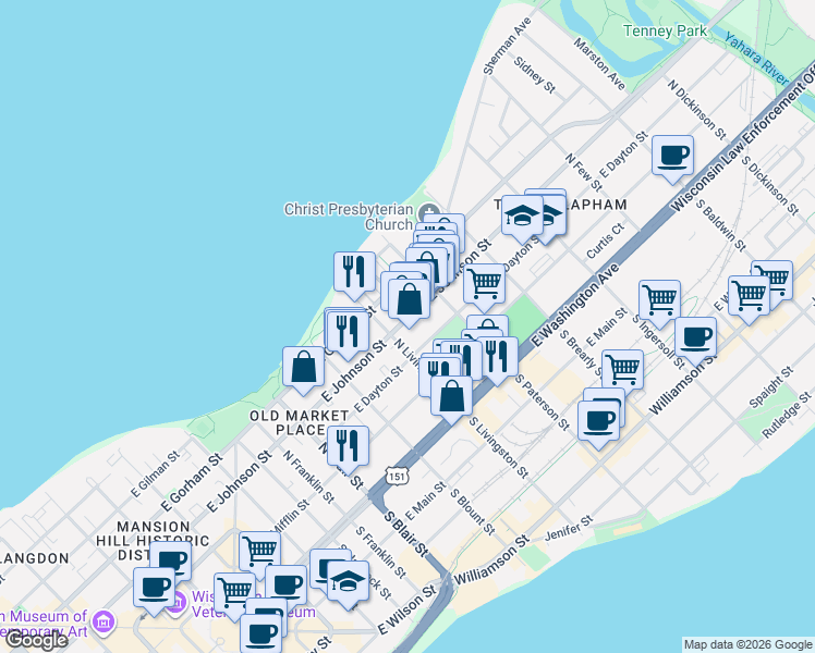 map of restaurants, bars, coffee shops, grocery stores, and more near 215 North Livingston Street in Madison