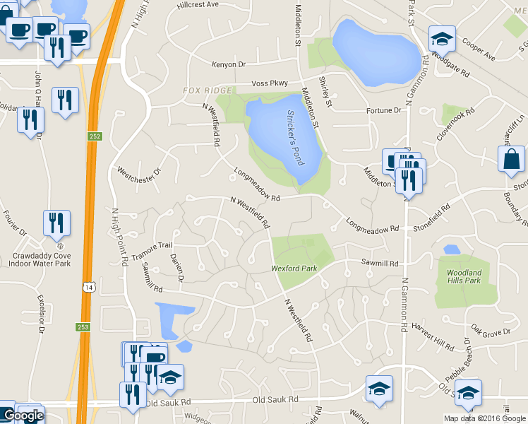 map of restaurants, bars, coffee shops, grocery stores, and more near 1217 North Westfield Road in Madison