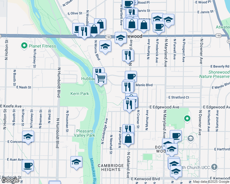 map of restaurants, bars, coffee shops, grocery stores, and more near 1600 East River Park Court in Shorewood