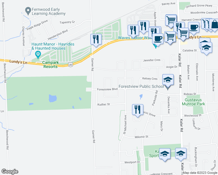 map of restaurants, bars, coffee shops, grocery stores, and more near 6405 Shapton Crescent in Niagara Falls
