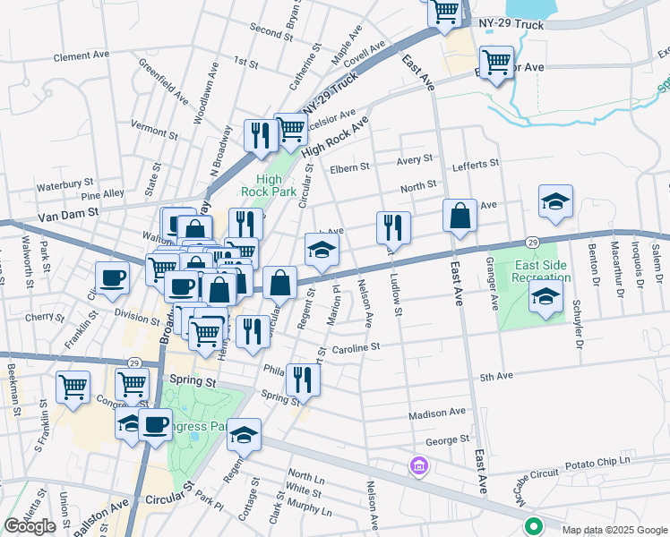 map of restaurants, bars, coffee shops, grocery stores, and more near 142 Lake Avenue in Saratoga Springs
