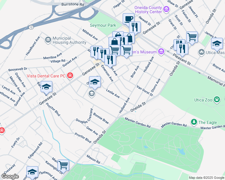 map of restaurants, bars, coffee shops, grocery stores, and more near 43 Leslie Avenue in Utica