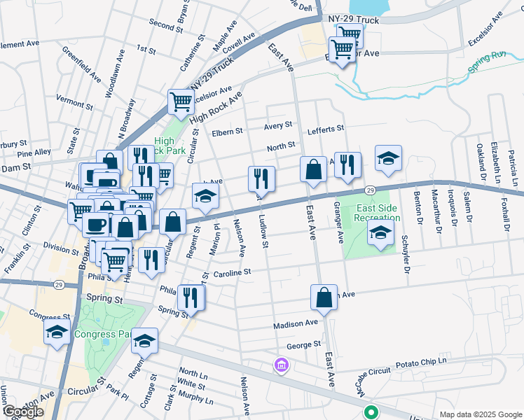 map of restaurants, bars, coffee shops, grocery stores, and more near 106 Ludlow Street in Saratoga Springs