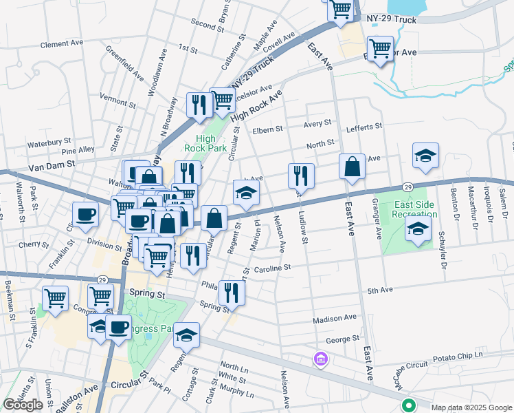 map of restaurants, bars, coffee shops, grocery stores, and more near 142 Lake Avenue in Saratoga Springs