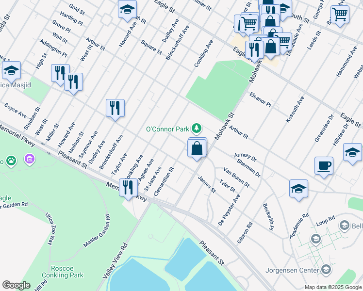 map of restaurants, bars, coffee shops, grocery stores, and more near 630 Rosemont Place in Utica