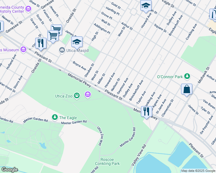 map of restaurants, bars, coffee shops, grocery stores, and more near 1675 Neilson Street in Utica