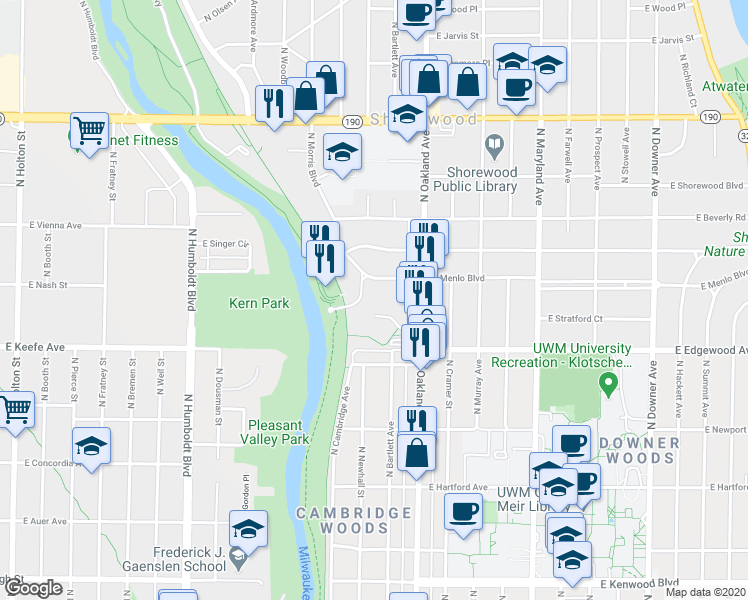 map of restaurants, bars, coffee shops, grocery stores, and more near 1600 East River Park Court in Shorewood