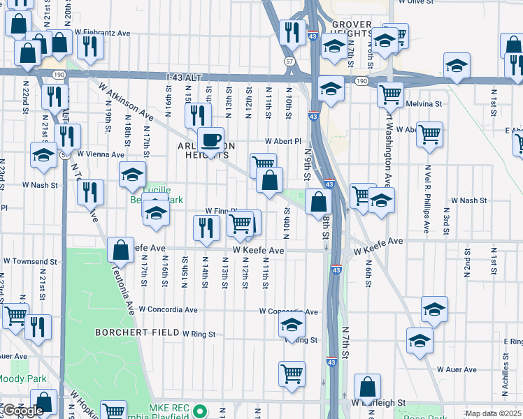 map of restaurants, bars, coffee shops, grocery stores, and more near 3556 North 12th Street in Milwaukee